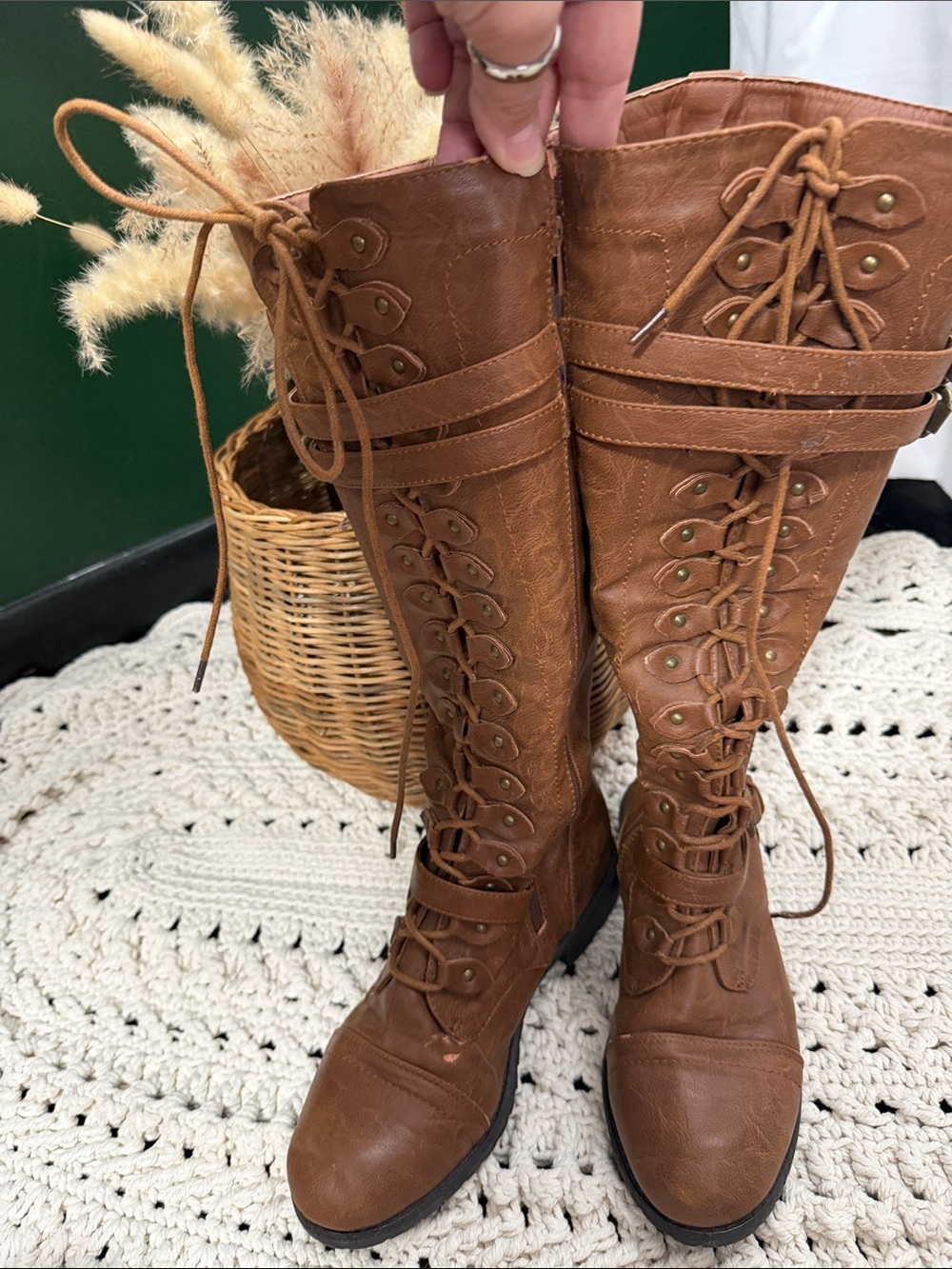 Wild Diva Tan Lace-Up Knee-High Boots